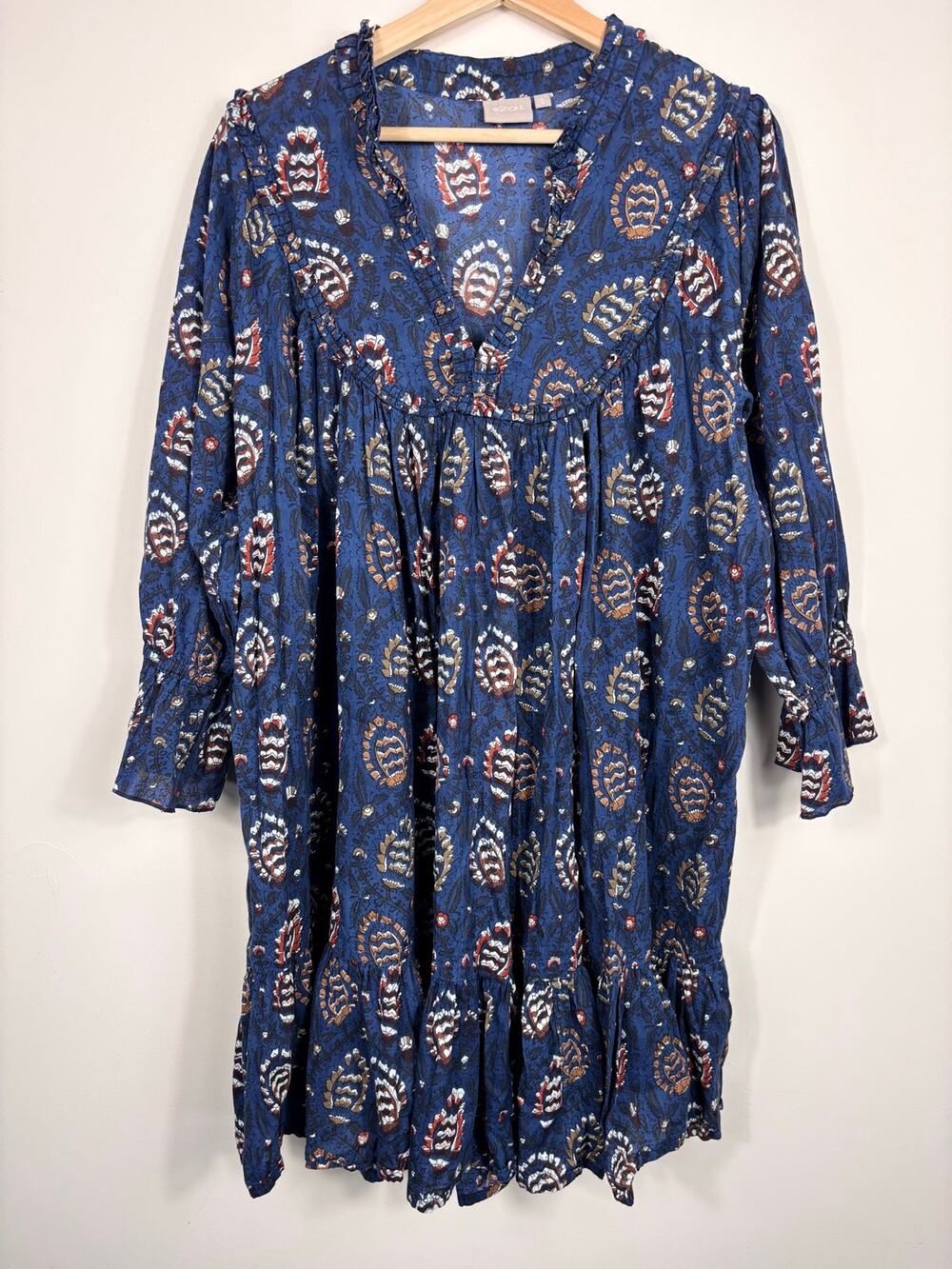 🧡 eShakti Boho Paisley Babydoll Dress | Large 12 | Navy Multi